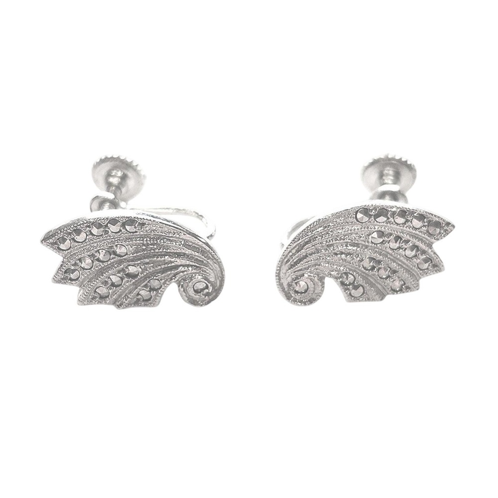 Vintage Marcasite Wing Screw Back Earrings Silver Tone Art Deco Style Fan Design